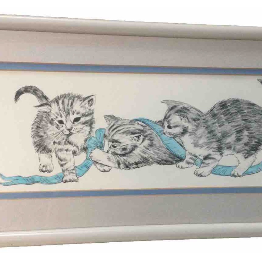 Playful Kitten Wall Art By Alambee  Colored Pencil Drawing Woof Framed 17” x 9”